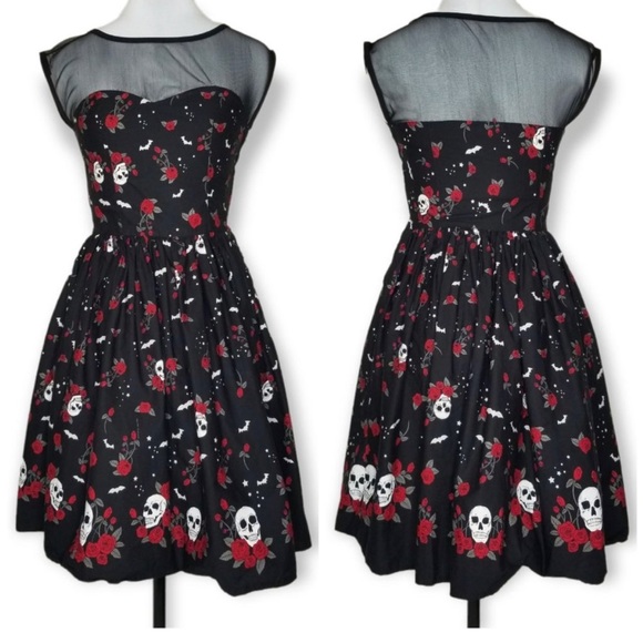 Hell Bunny »MEXICO ROSES« Pin Up Girls Flower Skulls Neckholder SWING DRESS Kleid